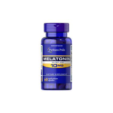 A blue bottle of Puritan's Pride Melatonin 10 mg contains 60 rapid-release capsules designed to effectively aid sleep and combat jet lag.